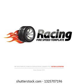 isolated logotype burning wheel, car racing concept, fire speed template on white clean blank background, flawless and detailed design, modern editable gradient style, eps10 vector illustration