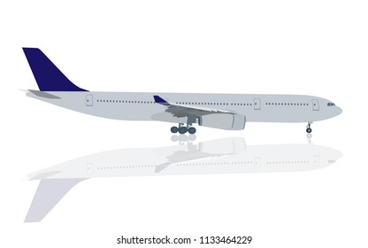 Isolated long body airplane with four engines in gray color with purple tail (plane,areoplane) in vector file-ready to use