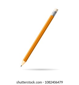 Isolated long orange pencil with shadow on white background.