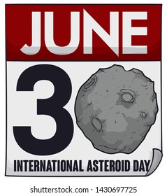 Isolated loose-leaf calendar with asteroid over it, forming the date to celebrate International Asteroid Day this 30th June.