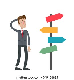 Isolated lost businessman standing confused near sign post.