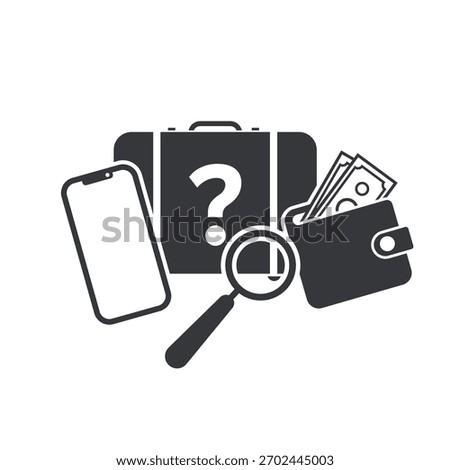 Isolated lost and found pictogram with briefcase, phone, wallet, and question mark, symbolizing missing items in public areas.