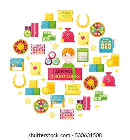 Isolated lottery elements in circle composition on blank background with casino and jackpot symbols male character vector illustration