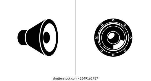 Isolated loudspeaker icons, on transparent background. These audio equipment symbols each feature a black filled design.