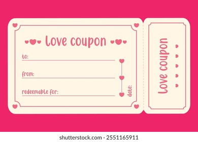 Plantilla de Cupón de amor aislado en estilo plano. Cupón del Día de San Valentín