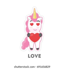 Isolated loving unicorn. Funny cartoon mythical animal.