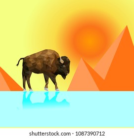 Isolated Low poly bison and desert
with sun back ground,animal geometric,vector.