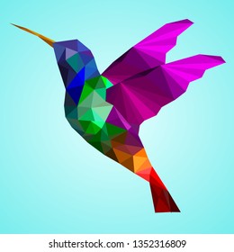 Isolated Low poly colorful Hummingbird with blue back ground,animal geometric,vector.	