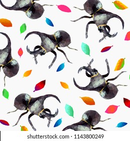 Isolated low poly Dynastinae or rhinoceros beetles with falling leaf on white background,Pattern of Abstract insect,geometric style,bug cartoon mocking up