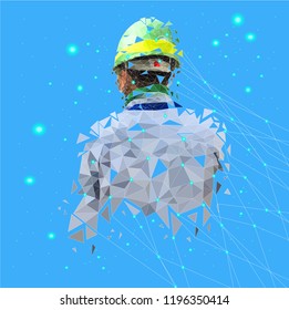 Isolated low poly of safety engineer with point connecting network on space back ground,geometric style,Abstract vector	