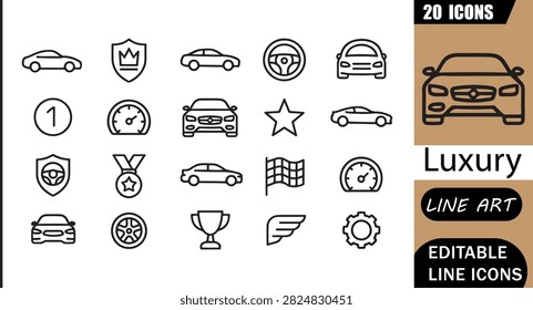 Isolated luxury car icons set, 20 editable line art icons set, automobile, premium, performance, prestige, transportation, lifestyle, exclusive, luxury vehicle theme style, clean outline vector