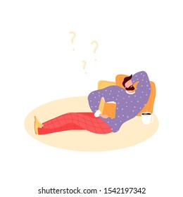 Isolated lying man read a book. Flat illustration with boy and open book. Poster for education, library, culture festival day. Reader smart young character.  