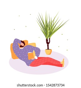 Isolated lying man read a book. Flat illustration with boy and open book. Poster for education, library, culture festival day. Reader smart young character.  