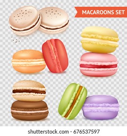 Isolated macaroons images set on transparent background with groups of two almond cakes of different colour vector illustration