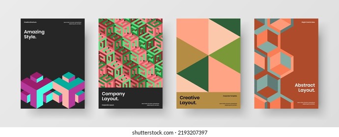 Conjunto de conceptos de diseño de vectores de portada aislada de revista A4. Composición de ilustración de rótulo de formas geométricas únicas.
