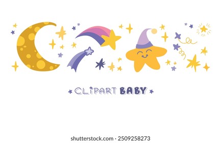 Isolated magic stickers with cute moon, stars and clouds.