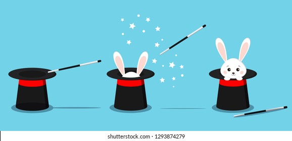 Isolated magician's black hat, magic hat with bunny ears, white rabbit in hat with magic wand in action and stars.  Vector flat illustration in cartoon style.