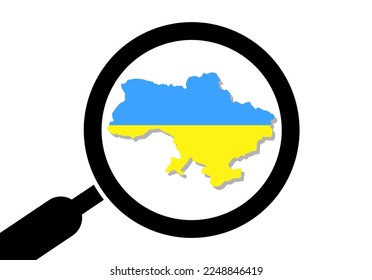 Isolated magnifier with map of Ukraine. Zoom on Ukraine with drop shadow over white background