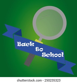 an isolated magnifying glass and a ribbon with text on a green background