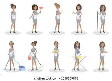 Isolated maids set. Women with cleaning equipment.