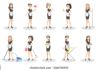 Isolated maids set. Women with cleaning equipment.