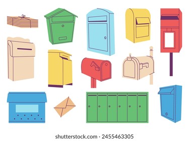 Isolated mailbox. Flat letterboxes and letters piles. Postal box for street and apartments. Cartoon post containers, envelopes, decent vector set