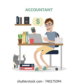 Isolated male accountant working at the table with documents, calculator and computer.