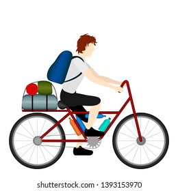 Isolated male bicycle tourist riding his bike - Vector