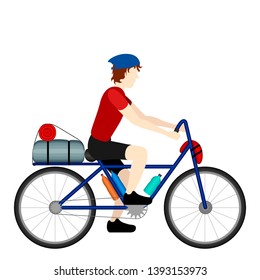 Isolated male bicycle tourist riding his bike - Vector
