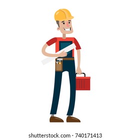 Isolated male builder and constriction worker with tools.