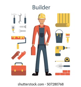 Isolated male builder on white background. Young engineer with all the tools like drill, hammer, screwdriver, gloves, paint and more.