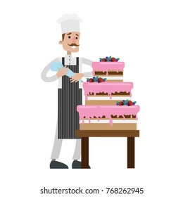 Isolated male chef decorating cake on white.