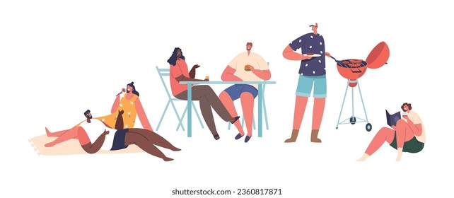 Isolated Male And Female Characters Relax On Weekend. Friends Enjoying Barbecue, Woman Reading Book Vector Illustration