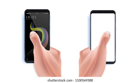 Isolated male hand holding a black phone with white screen.Hand holding black smartphone and finger touch on creative design screen on white background with shadow
