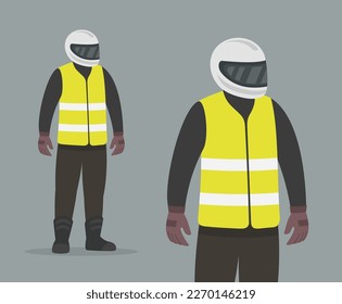 Isolated male motorcycle rider with safety vest. Perspective front view. Flat vector illustration template.