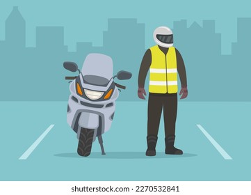 Isolated male motorcycle rider stands beside the motorbike. Perspective front view. Flat vector illustration template.