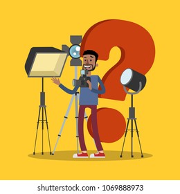 Isolated male photographer standing with question mark.