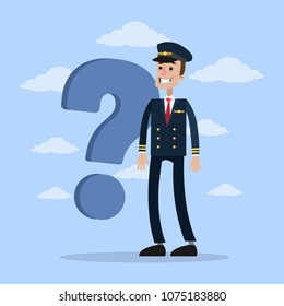 Isolated male pilot with question standing with clouds.