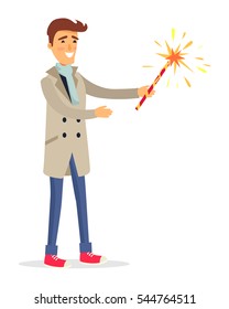 Isolated man in beige coat, blue jeans, light scarf and red shoes holds fireworks device in one hand. Vector portrait of cartoon smiling male person in going to make salute party in flat style