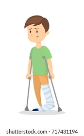 Isolated man with broken leg on white background.