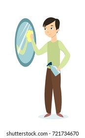 Isolated man cleaning mirror on white background.
