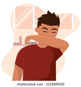 Isolated Man Coughing On His Elbow Prevention And Selfcare Vector Illustration