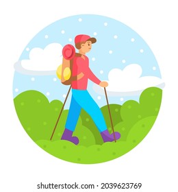 Isolated man doing hiking on a landscape camping sticker Vector