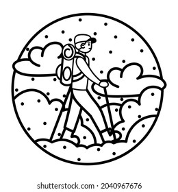 Isolated man doing hiking on a landscape camping sticker Vector