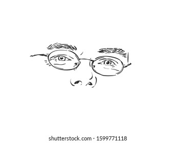 Isolated man eyes in eyeglasses, Hand drawn vector sketch