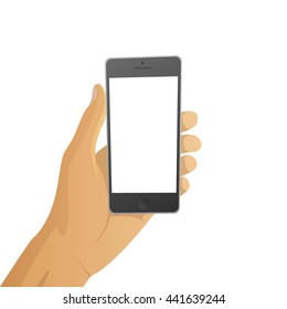 Isolated man hand holding a mobile phone with white screen, first person cartoon vector illustration. hold a smart phone. flat phone cartoon design. mobile illustration 