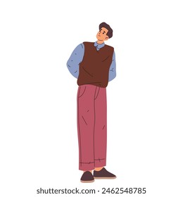 Isolated man in home attire or apparel. Vector human character standing. Cartoon single boy in casual style. Adult posing in a casual dress. Men illustration. Guy fashion. Flat human clipart. Dressing