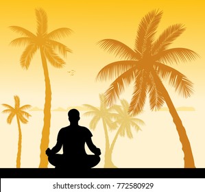 Isolated man meditating and doing yoga exercise under the palm trees on the beach silhouette. Layered vector illustration