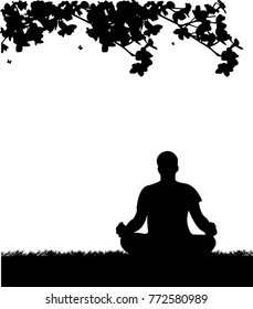 Isolated man meditating and doing yoga exercise under the tree in the park silhouette. Layered vector illustration