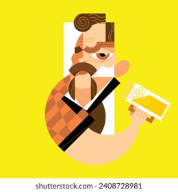 Isolated man with a mustache with a mug of beer on a yellow background